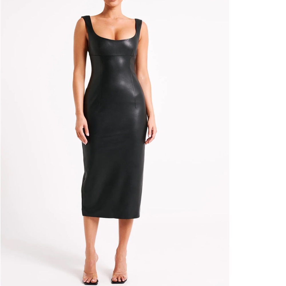 Meshki Black Faux Leather Midi Tank Dress